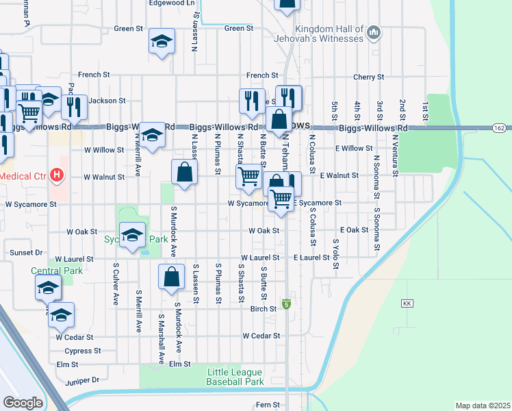 map of restaurants, bars, coffee shops, grocery stores, and more near 218 West Sycamore Street in Willows