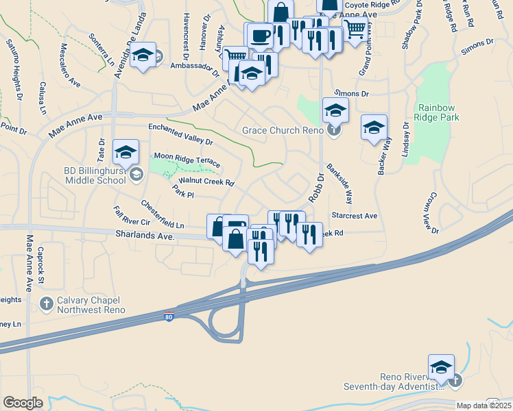 map of restaurants, bars, coffee shops, grocery stores, and more near 6224 Walnut Creek Road in Reno