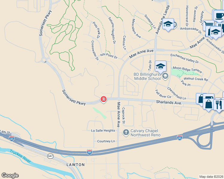map of restaurants, bars, coffee shops, grocery stores, and more near 1045 Crosswater Drive in Reno