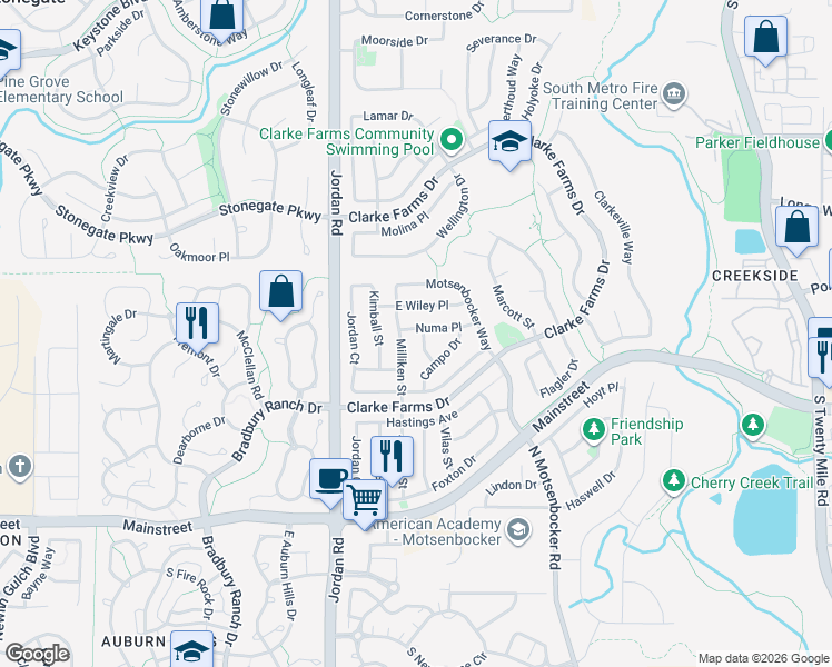 map of restaurants, bars, coffee shops, grocery stores, and more near 10811 Shaw Court in Parker