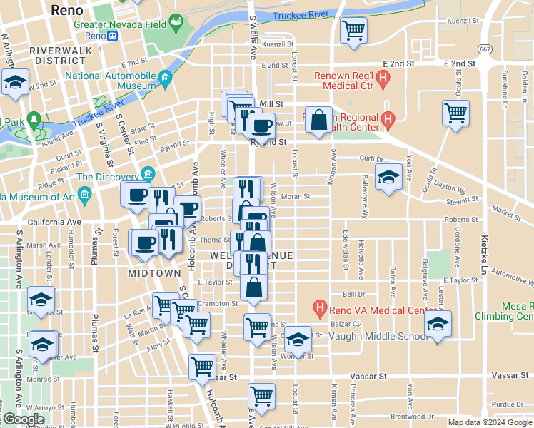 map of restaurants, bars, coffee shops, grocery stores, and more near 565 Roberts Street in Reno