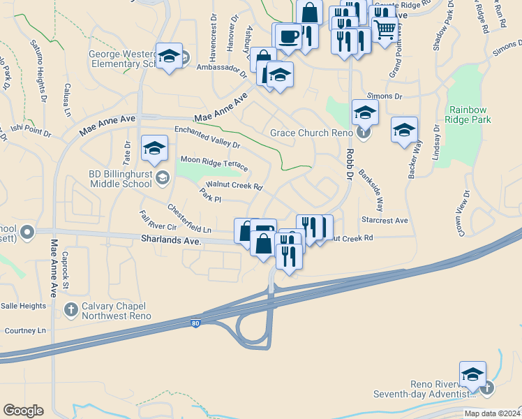 map of restaurants, bars, coffee shops, grocery stores, and more near 1071 Ambassador Drive in Reno