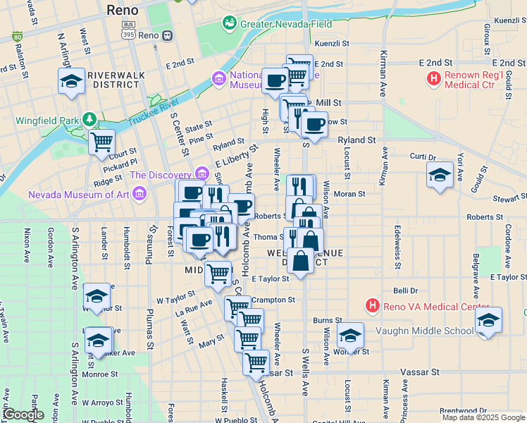 map of restaurants, bars, coffee shops, grocery stores, and more near 339 Roberts Street in Reno