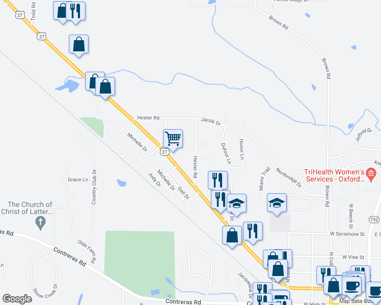 map of restaurants, bars, coffee shops, grocery stores, and more near 5405 Hester Road in Oxford