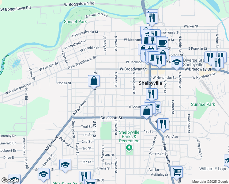map of restaurants, bars, coffee shops, grocery stores, and more near 415 South West Street in Shelbyville