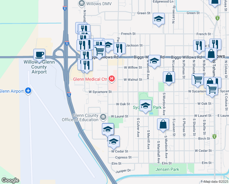 map of restaurants, bars, coffee shops, grocery stores, and more near 1134 West Sycamore Street in Willows