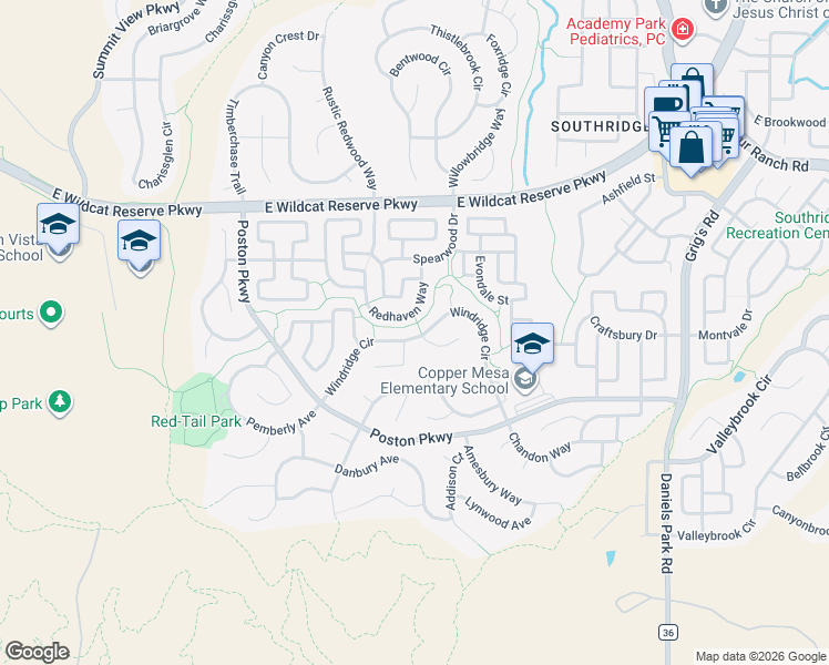 map of restaurants, bars, coffee shops, grocery stores, and more near 3025 Windridge Circle in Highlands Ranch