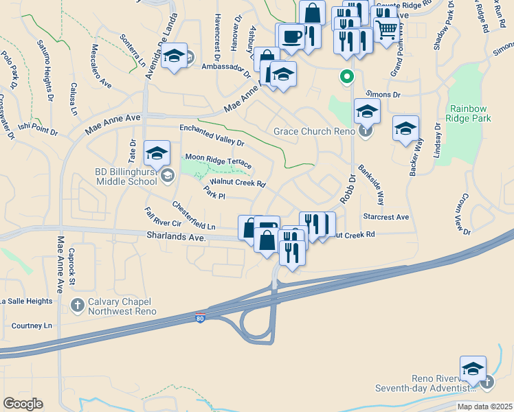 map of restaurants, bars, coffee shops, grocery stores, and more near 1071 Ambassador Drive in Reno