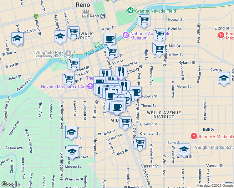 map of restaurants, bars, coffee shops, grocery stores, and more near 599 South Center Street in Reno