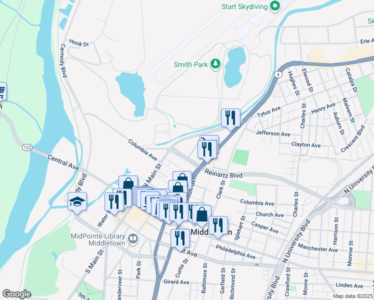 map of restaurants, bars, coffee shops, grocery stores, and more near 404 North Broad Street in Middletown
