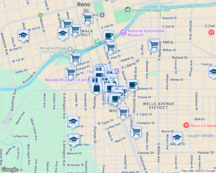 map of restaurants, bars, coffee shops, grocery stores, and more near 449 South Virginia Street in Reno