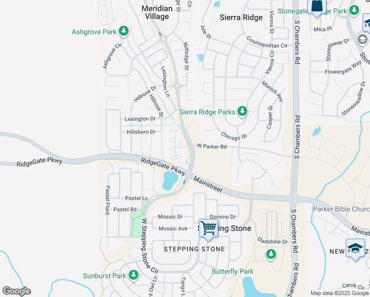 map of restaurants, bars, coffee shops, grocery stores, and more near Meridian Village Pkwy in Parker