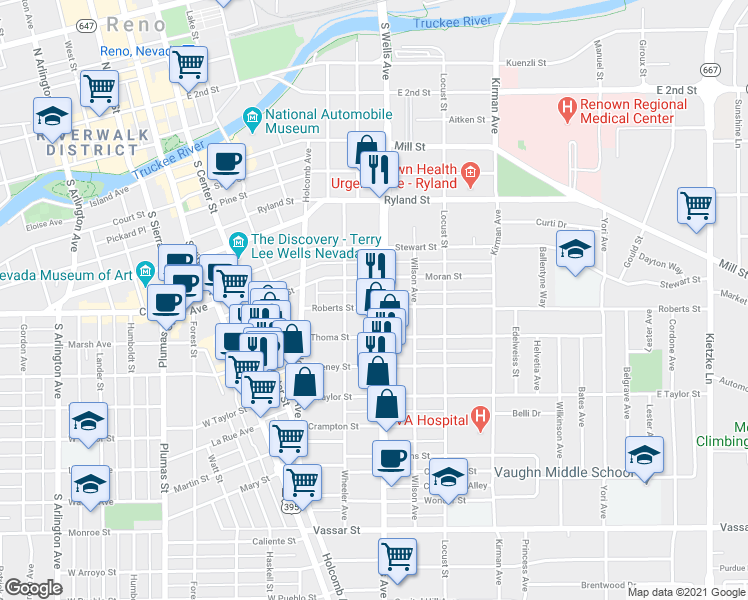 map of restaurants, bars, coffee shops, grocery stores, and more near 451 Roberts Street in Reno