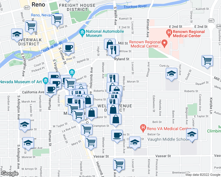 map of restaurants, bars, coffee shops, grocery stores, and more near 451 Roberts Street in Reno