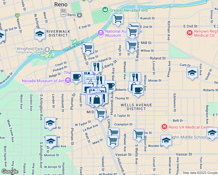 map of restaurants, bars, coffee shops, grocery stores, and more near 520 Holcomb Avenue in Reno