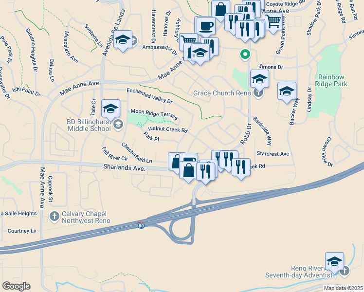 map of restaurants, bars, coffee shops, grocery stores, and more near 1071 Ambassador Drive in Reno