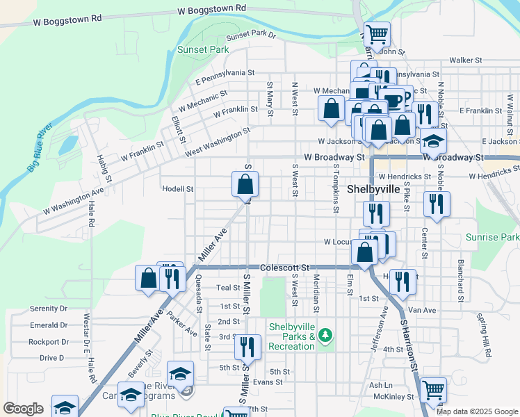 map of restaurants, bars, coffee shops, grocery stores, and more near 415 West Taylor Street in Shelbyville