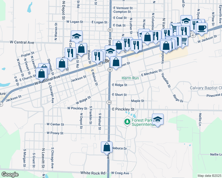 map of restaurants, bars, coffee shops, grocery stores, and more near 303 S King Ave in Brazil