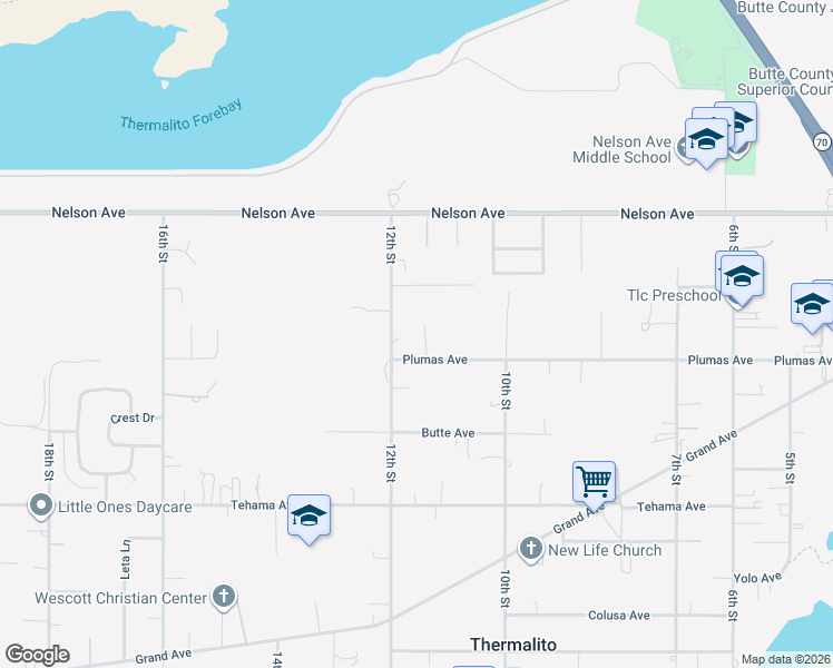 map of restaurants, bars, coffee shops, grocery stores, and more near 2027 Plumas Court in Oroville