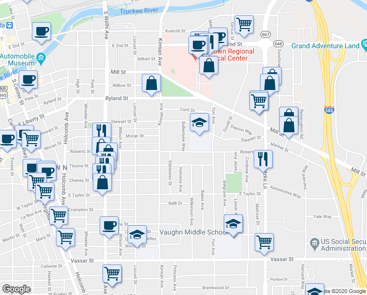 map of restaurants, bars, coffee shops, grocery stores, and more near 577 Ballentyne Way in Reno