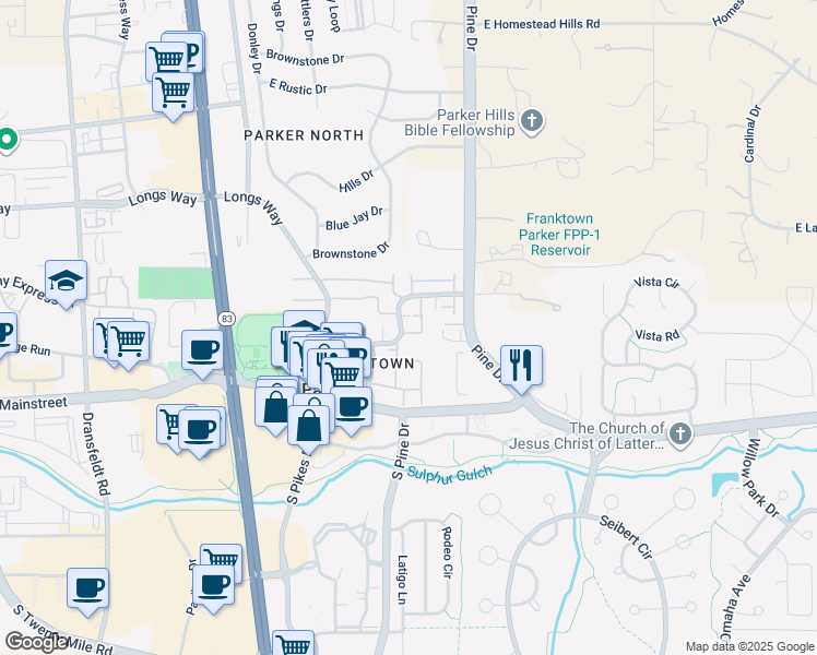 map of restaurants, bars, coffee shops, grocery stores, and more near 19836 Summerset Lane in Parker