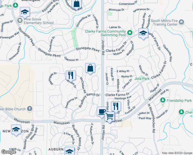 map of restaurants, bars, coffee shops, grocery stores, and more near 10843 Willow Reed Circle West in Parker
