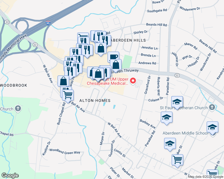 map of restaurants, bars, coffee shops, grocery stores, and more near 650 McHenry Road in Aberdeen