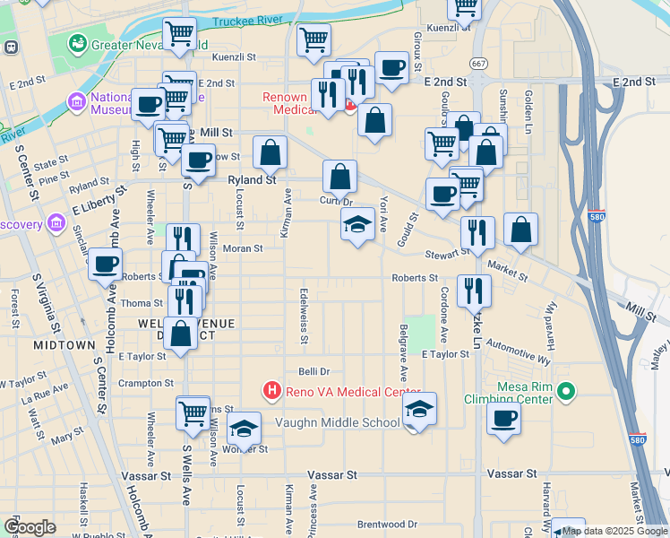 map of restaurants, bars, coffee shops, grocery stores, and more near 570 Ballentyne Way in Reno