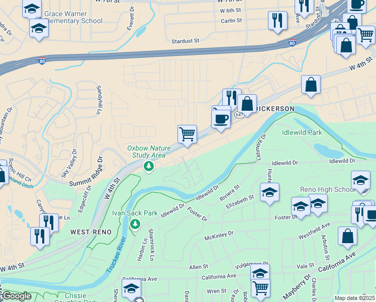 map of restaurants, bars, coffee shops, grocery stores, and more near 2555 Dickerson Road in Reno