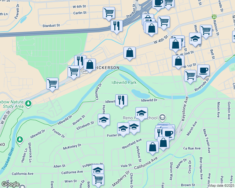 map of restaurants, bars, coffee shops, grocery stores, and more near 1922 Spoon Drive in Reno