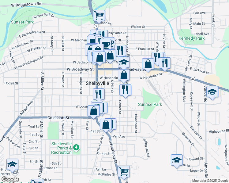 map of restaurants, bars, coffee shops, grocery stores, and more near 508 508 1/2 S Pike Street in Shelbyville