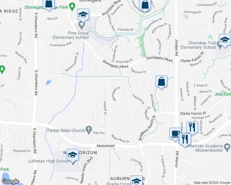 map of restaurants, bars, coffee shops, grocery stores, and more near 16170 Martingale Drive in Parker