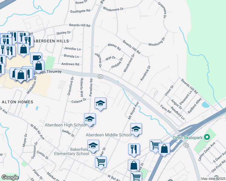map of restaurants, bars, coffee shops, grocery stores, and more near 11 Hillman Court in Aberdeen