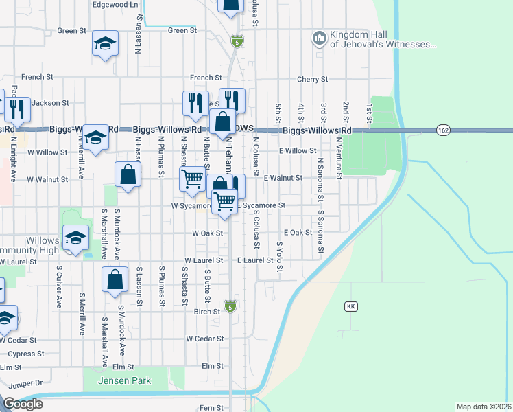 map of restaurants, bars, coffee shops, grocery stores, and more near 2 South Colusa Street in Willows