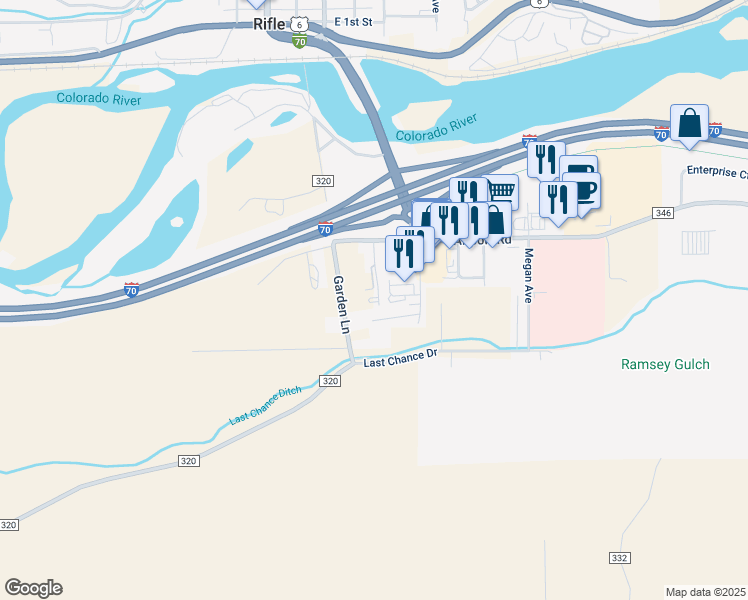 map of restaurants, bars, coffee shops, grocery stores, and more near 800 South Whiteriver Avenue in Rifle