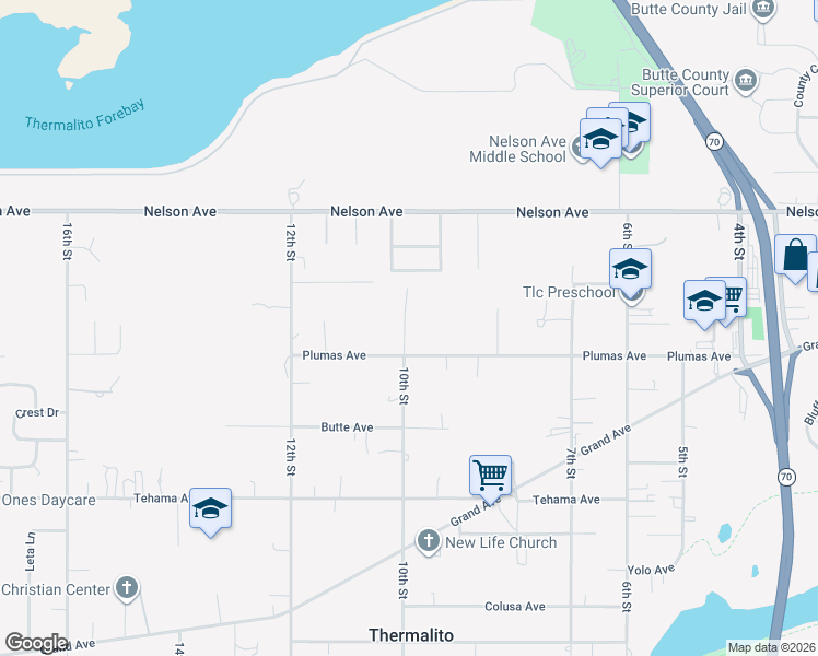 map of restaurants, bars, coffee shops, grocery stores, and more near 2048 10th Street in Oroville