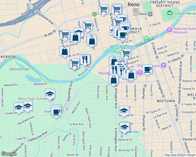 map of restaurants, bars, coffee shops, grocery stores, and more near 300 Nixon Avenue in Reno