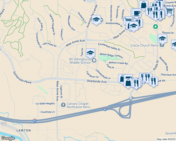 map of restaurants, bars, coffee shops, grocery stores, and more near 6575 Fall River Circle in Reno