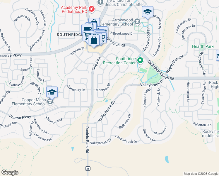 map of restaurants, bars, coffee shops, grocery stores, and more near 4968 Montvale Drive in Littleton