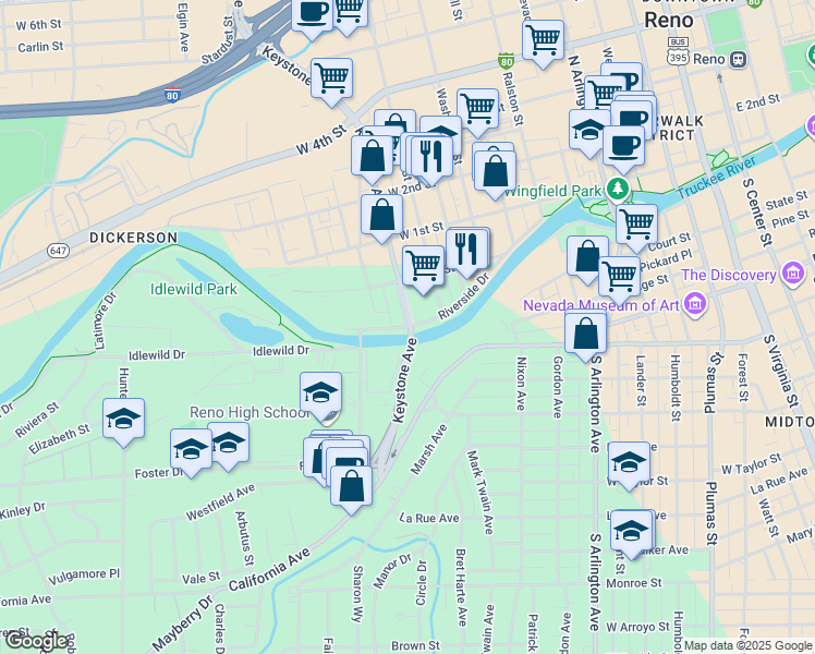 map of restaurants, bars, coffee shops, grocery stores, and more near Keystone Ave & Riverside Dr in Reno