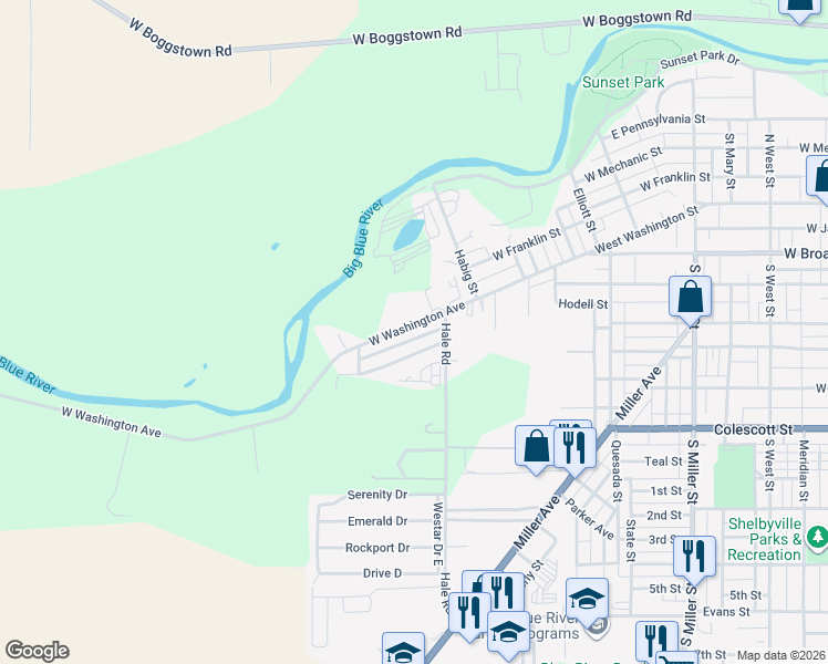 map of restaurants, bars, coffee shops, grocery stores, and more near 1091 West Washington Avenue in Shelbyville