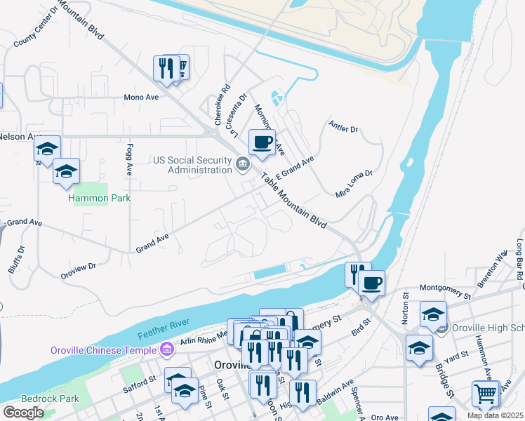 map of restaurants, bars, coffee shops, grocery stores, and more near 95 Tuscany Drive in Oroville