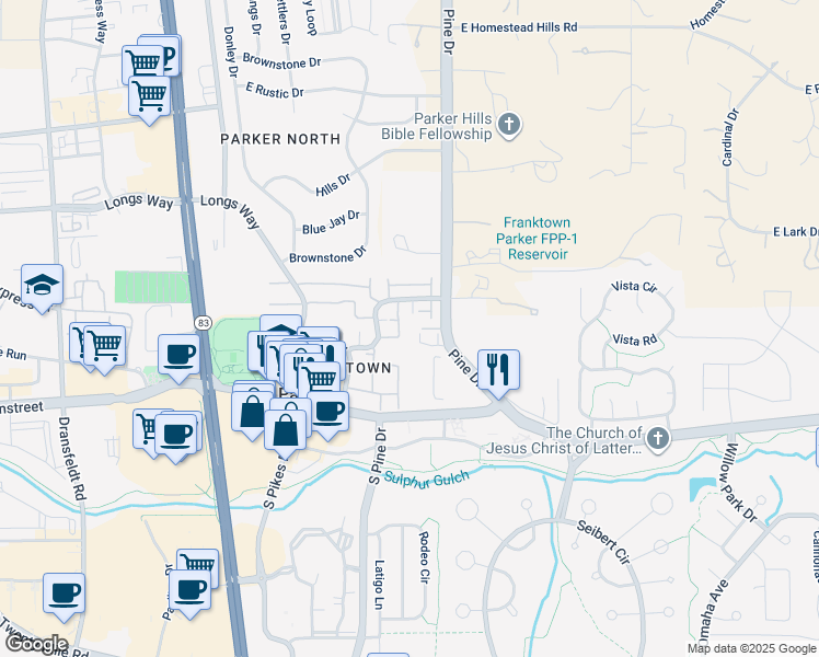 map of restaurants, bars, coffee shops, grocery stores, and more near 10740 Foxwood Court in Parker