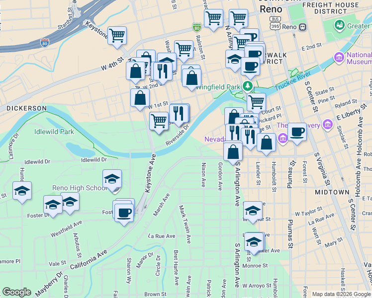 map of restaurants, bars, coffee shops, grocery stores, and more near 631 California Avenue in Reno