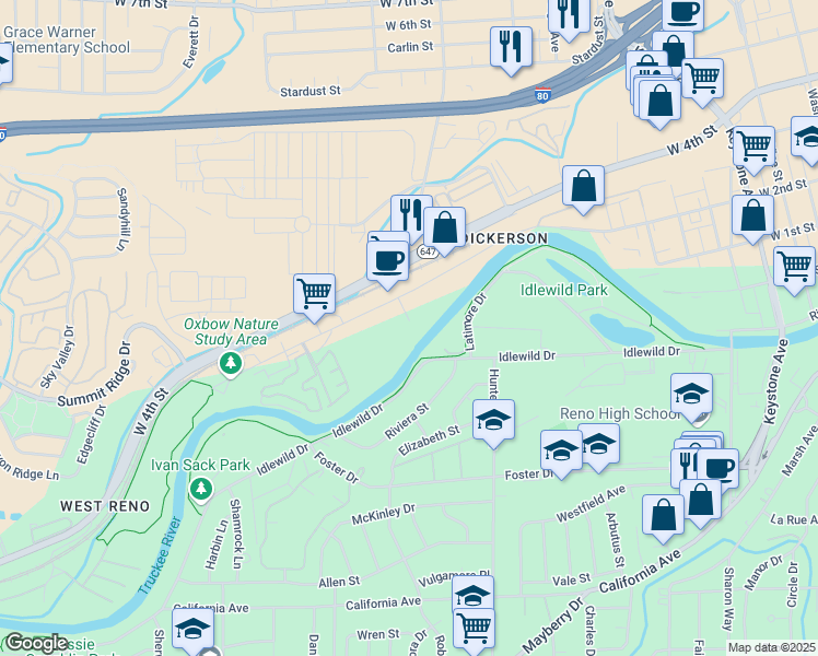 map of restaurants, bars, coffee shops, grocery stores, and more near 2300 Dickerson Road in Reno