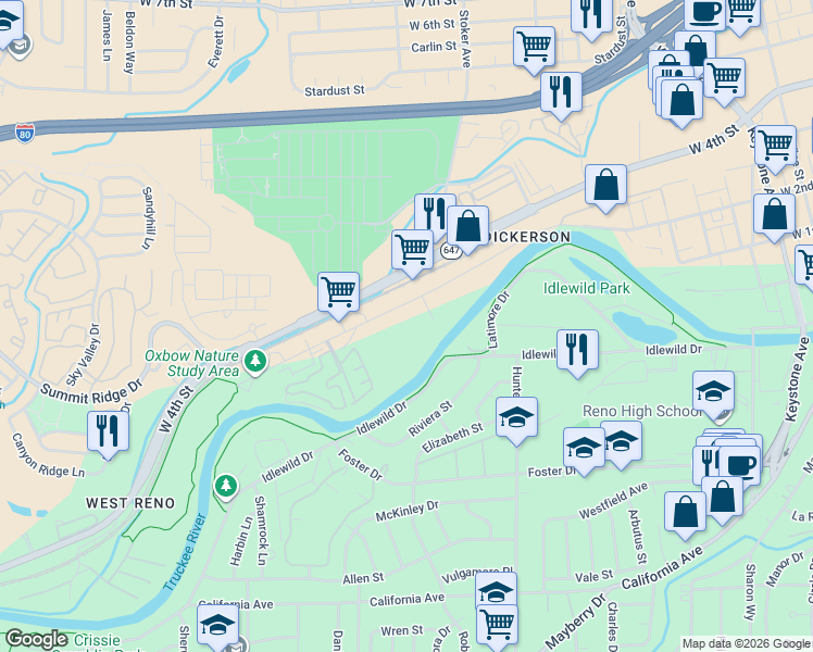 map of restaurants, bars, coffee shops, grocery stores, and more near 2300 Dickerson Road in Reno