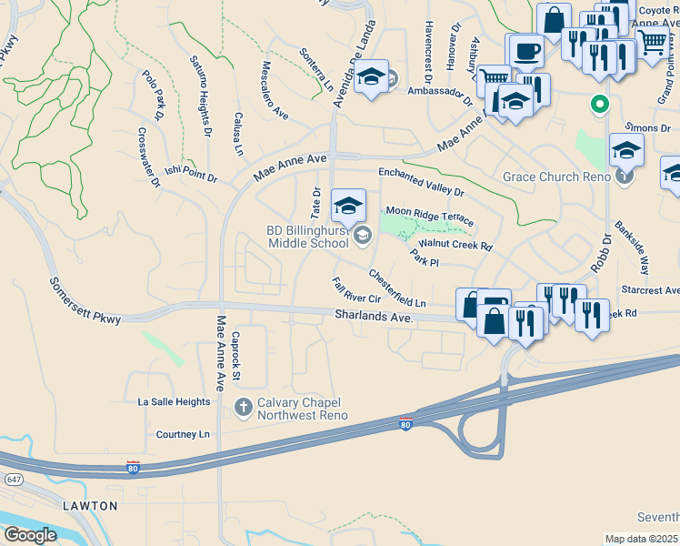 map of restaurants, bars, coffee shops, grocery stores, and more near 6575 Fall River Circle in Reno