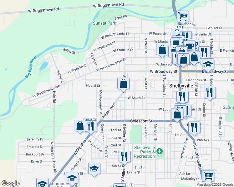 map of restaurants, bars, coffee shops, grocery stores, and more near 412 Miller Avenue in Shelbyville