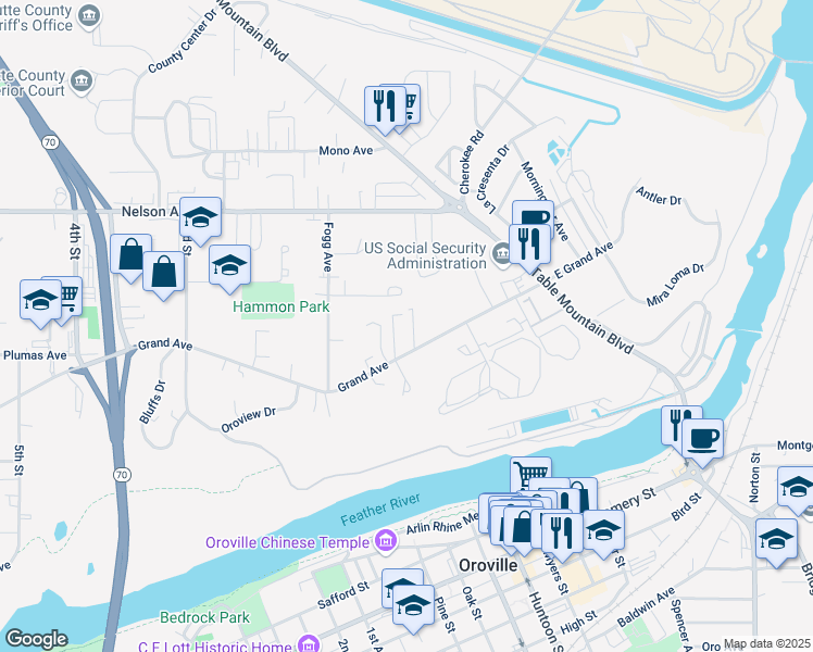 map of restaurants, bars, coffee shops, grocery stores, and more near 54 Grand Avenue in Oroville