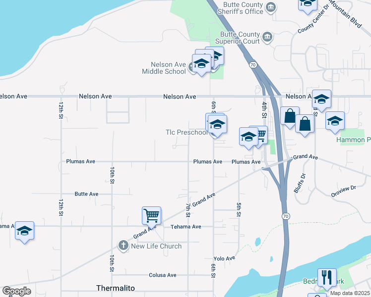 map of restaurants, bars, coffee shops, grocery stores, and more near 2037 7th Street in Oroville